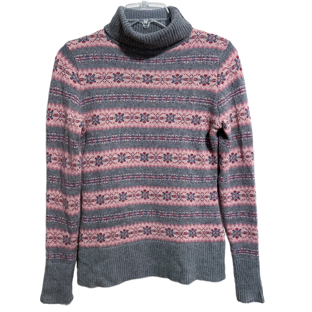 Garnet Hill Cashmere Blend Turtleneck Sweater XS Pink Fair Isle Alpine Knit Wool